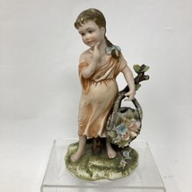 Lefton Little Girl With Flowers Basket Ceramic  Figurine 6 In. Tall Japan - £14.90 GBP