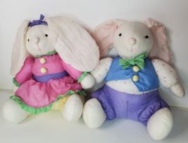 Russ Berrie Bunny Rabbit Puffy Plush Nylon Couple Boy and Girl 7in Vintage - £13.37 GBP