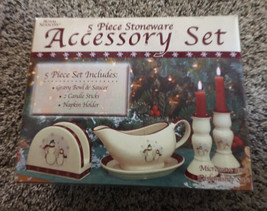 * Christmas,Royal Seasons Five Piece Stoneware Accessory Set Snowman NIB - $20.10