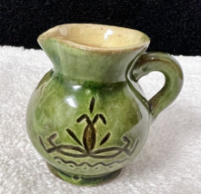 Latvian Handicraft Art Pottery Miniature Jug Pitcher Greens Browns Yellow 2&quot; - $24.26