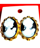 Beautiful old vintage gold~white and black Cameo earrings - £18.69 GBP