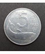 1955 Italian 5 Lire Dolphine/Ruder coin in Nice Condition Roma mint - $4.11 CAD