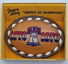 VTG 1976 Bicentennial Tony Lama &quot;Choice Of Chapions&quot; Leather Tooled Belt Buckle - £29.81 GBP