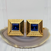 Vintage Monet Large Square Blue Crystal Earrings Pierced Gold Tone Signed - £19.94 GBP