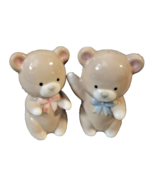 Teddy Bear Hugs Salt Pepper Shakers Pale Cream Japan Boy Girl Bow  - £7.61 GBP