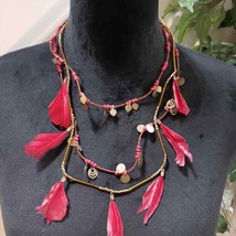 Womens Fashion Feather Beaded Three Strands Statement Charm Necklace w/ Lobster - $28.00