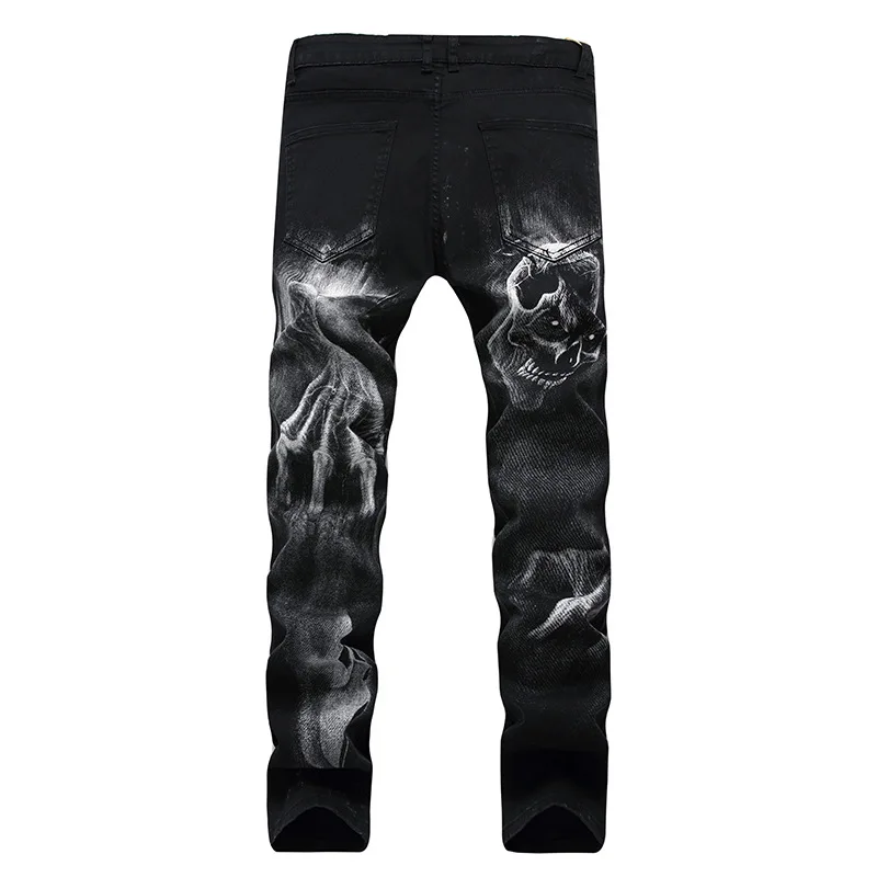 Sporting 2022 Dark Streetwear Skull Print Punk Men Vintage Slim Jeans Trousers H - £70.34 GBP