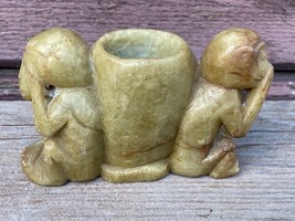 Vtg See No Evil Speak No Evil Soapstone Monkey Carving Oriental Toothpick - £15.51 GBP