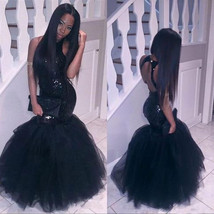 High Neck Mermaid Black Prom Dresses for Women with Sequins - £127.07 GBP