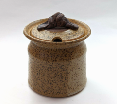 Studio Pottery Lidded Jar Stoneware Honey Pot Tan Salt Glaze Signed - $40.00