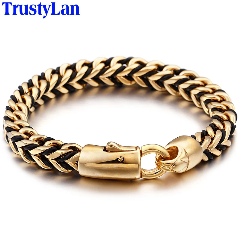 8MM Braided Leather Wrap Bracelet Men Luxury Gold Plated Stainless Steel Men&#39;s B - £26.91 GBP