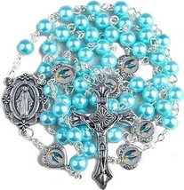 Blessed Mother Mary Our Lady Grace Aqua Glass Pearl Beads &amp; Heart Beads Rosary - £13.46 GBP