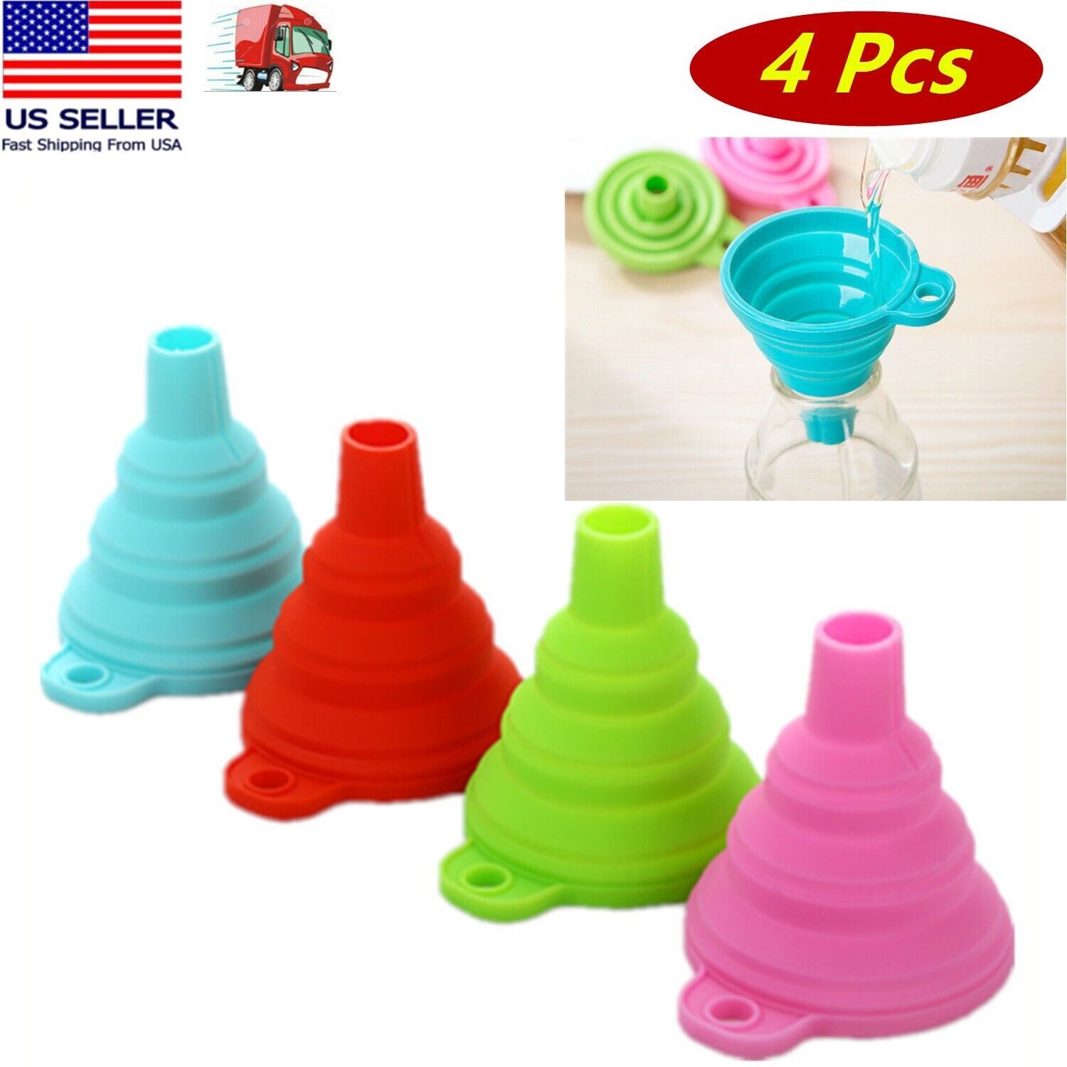 4 Pcs Portable Mini Silicone Foldable Funnel Collapsible Liquid Oil Hopp... - $9.89