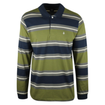Volcom Men&#39;s Olive Green, Navy, Gray &amp; White Striped L/S Polo T-Shirt (S05) - £17.26 GBP