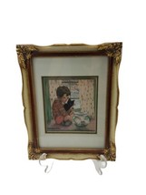 Boy in Window w Cat &amp; Fishbowl Lithograph Framed Matted Signed by Smitty - $22.16