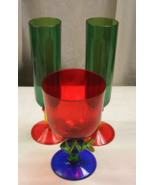 Vintage Acrylic Set of 2 Green Goblets + Red Blue Goblet with Fish Stemw... - $39.59