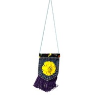 Handmade Crossbody Purse Jean Pocket 7x6 Purple Fringe Yellow Flower Skulls Deni - £7.39 GBP