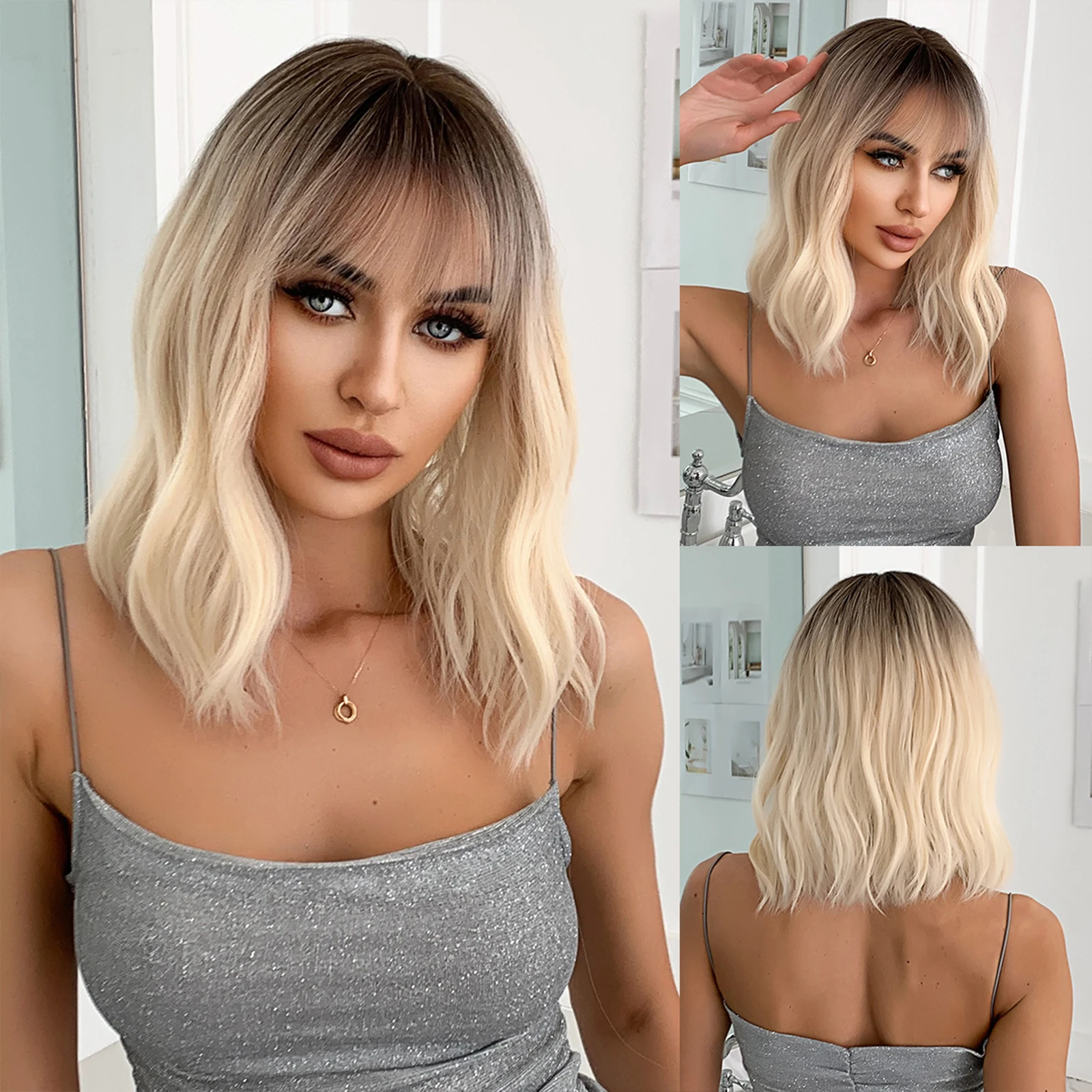 Short Blonde Bob Wave Synthetic Wigs with Bangs Natural Ombre Hair Middle Pa - £16.90 GBP+