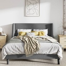 Full Size Grey Linen Blend Upholstered Platform Bed with Wingback Headboard - $7,774.62 MXN