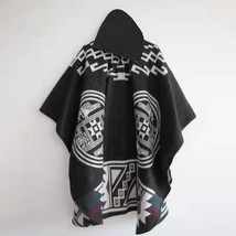  Men Knitt Poncho Shawl Jackets Retro National Print Women Loose Hooded Cloak Co - $148.17