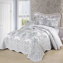 King size White Damask Embroidered 4 Piece Oversized Bedspread Set - $245.49