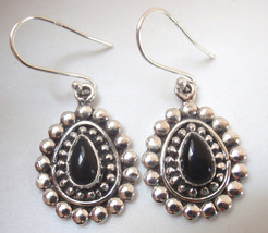 Black Onyx 925 Sterling Silver Dangle Earrings Double Dot Border - $22.49