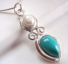 Turquoise Pearl Necklace 925 Sterling Silver Teardrop Marquise Double Gem #83t - £17.36 GBP