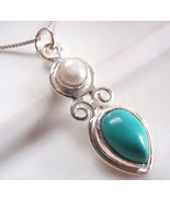 Turquoise Pearl Necklace 925 Sterling Silver Teardrop Marquise Double Ge... - £16.97 GBP