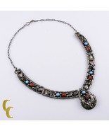 Signed H Sterling Silver Panel Necklace w/Turquoise &amp; Coral Stones - $467.72 CAD