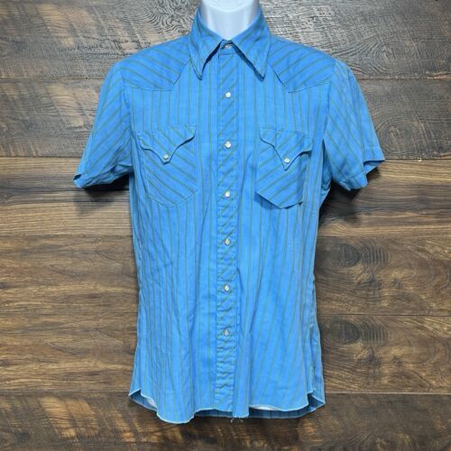 Men Wrangler Shirt Bronco Japan 15.5 Flannel Pearl Snaps Western Med Blu... - $18.05