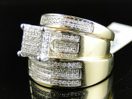 Gold Plated 925 Silver Simulated Diamond 1.25Ct Engagement Trio Bridal Ring Sets - £128.15 GBP