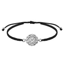 Edgy Mandala Flower Sterling Silver Charm on Black Rope Adjustable Bracelet - £12.09 GBP