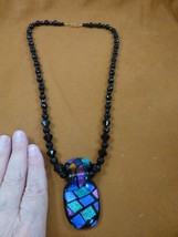 D1H-904) Blue Teal Mosaic Dichroic Fused Glass Pendant 24&quot; Black Onyx Necklace - £150.42 GBP