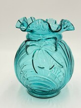 Vtg Fenton Art Glass Turquoise Teal Caprice Swirl w Bow Ruffled Edge Vas... - $49.50
