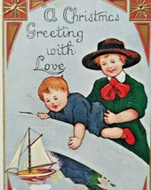 Christmas Postcard Children Sailing Boat Ship Whitney Embossed 1914 - £11.04 GBP