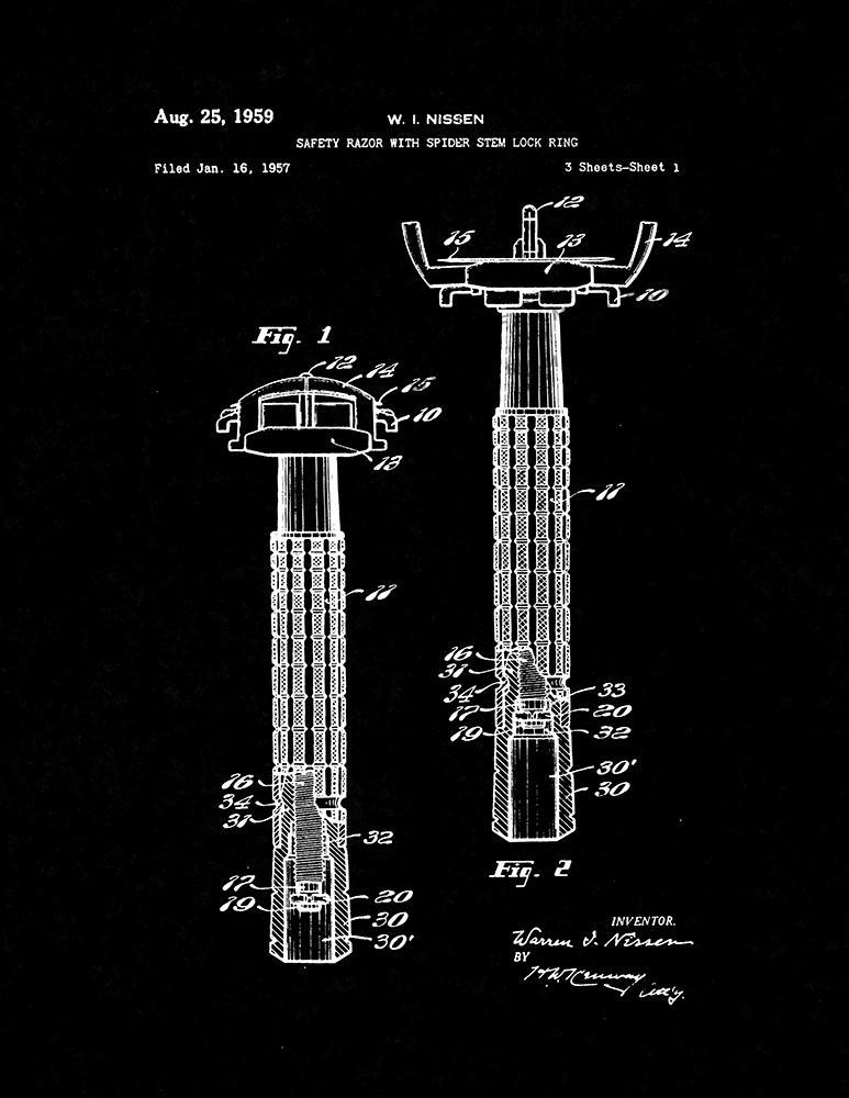 Safety Razor With Spider Stem Lock Ring Patent Print - Black Matte