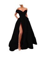 Kivary Off The Shoulder Front Slit Ball Gown Long Prom Dresses with Pockets Blac - $98.99