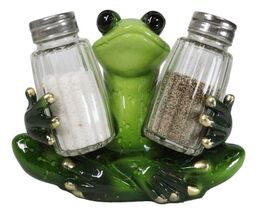 Green Tree Frog Toad Meditating Glass Salt Pepper Shakers Holder Figurin... - $24.99