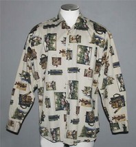 VTG Woolrich Fishing Theme Collage Tan Thick Cotton Twill L/S Shirt Mn&#39;s... - £29.56 GBP