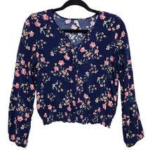 Mudd Navy Floral Coquette Indie Boho Blouse Tie Neck Smocked Hem Long Sl... - $23.99