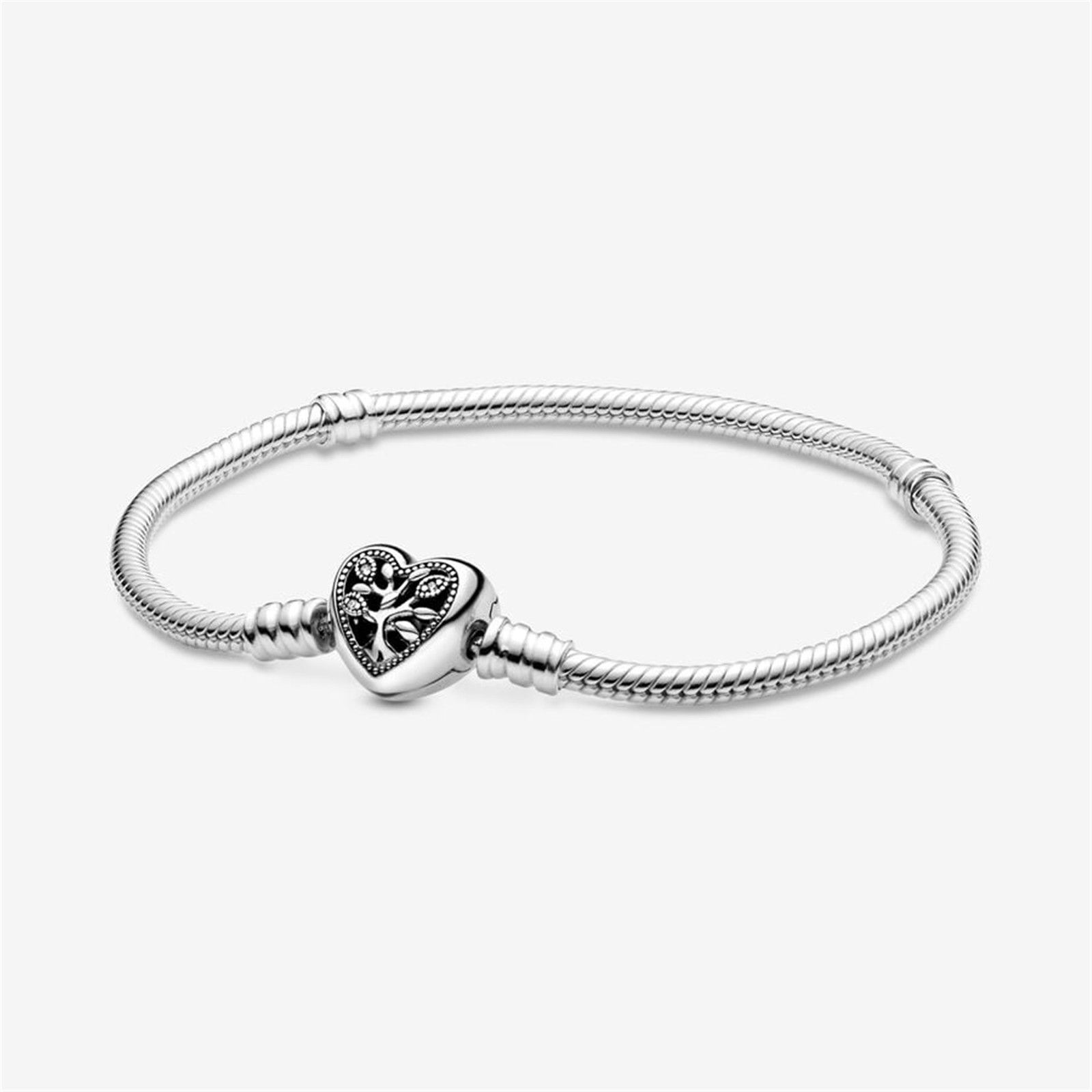S925 Silver Moments Family Tree Heart Clasp Snake Chain Bracelet,Gift for Her