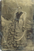 Antique Tintype photograph Studio 1800s Woman Striped Dress Ship Anchor Scene - £15.24 GBP