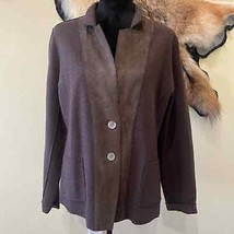 Eileen Fisher Brown Merino Wool Lambs Leather Trim Jacket - £47.61 GBP