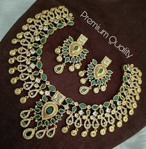 Bollywood Indien Plaqué Or Zircone Ad Chaîne Bijoux Collier Boucles Émeraude Set - £73.69 GBP
