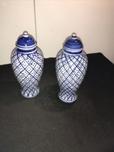 Mid century, ceramic, white and blue ginger jar shaped salt/ pepper7”H - £18.34 GBP