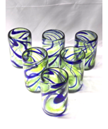 ELEGANT ENERGY Hand Made Hand Blown 5&quot; Rocks Glass Blue &amp; Green Swirl - ... - $52.78