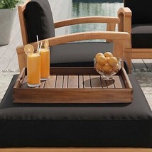 Teak Wood Serving Tray With Handles Wooden Outdoor Dining Food Drinks Bar Large - £107.76 GBP