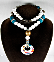 Beach Pendant Vintage Beaded Necklace Handpainted Blue-Green White Beads 24&quot; - £14.27 GBP