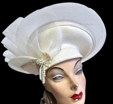 Vtg Ivory Outlandish Hat Drama Horsehair Pearls Church Derby Sz S Debora... - $68.75