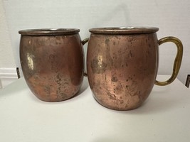 2 Vintage Copper Mugs With Brass Handles Mug Cups Metal Drink Ware - £15.97 GBP